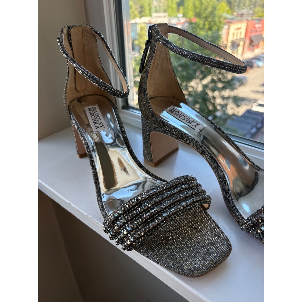 Badgley Mischka Crystal Embellished Block Heel Ankle Strap Sandals Evening